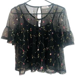 Glance Women’s Small Black Sheer Embroidered Floral Blouse With Black Tank NWOT